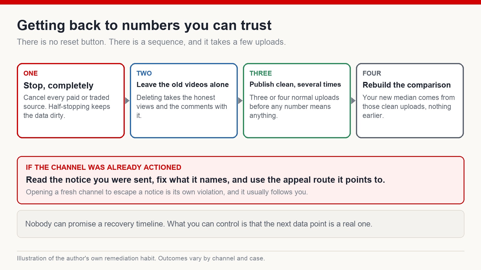 Four-step sequence for restoring trustworthy channel data after stopping bought or traded traffic