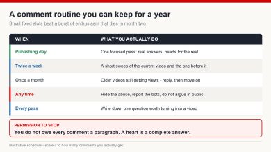 A weekly comment routine broken into four slots: publishing day, twice-weekly sweeps, a monthly pass over older videos and ongoing moderation