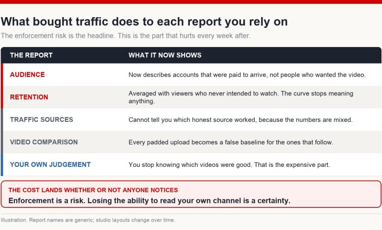 Table showing how bought or traded traffic distorts each analytics report a creator relies on
