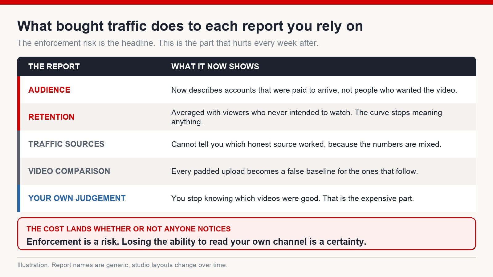 Table showing how bought or traded traffic distorts each analytics report a creator relies on
