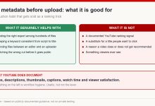 Two columns comparing what pre-upload file metadata genuinely helps with against the ranking claims made for it