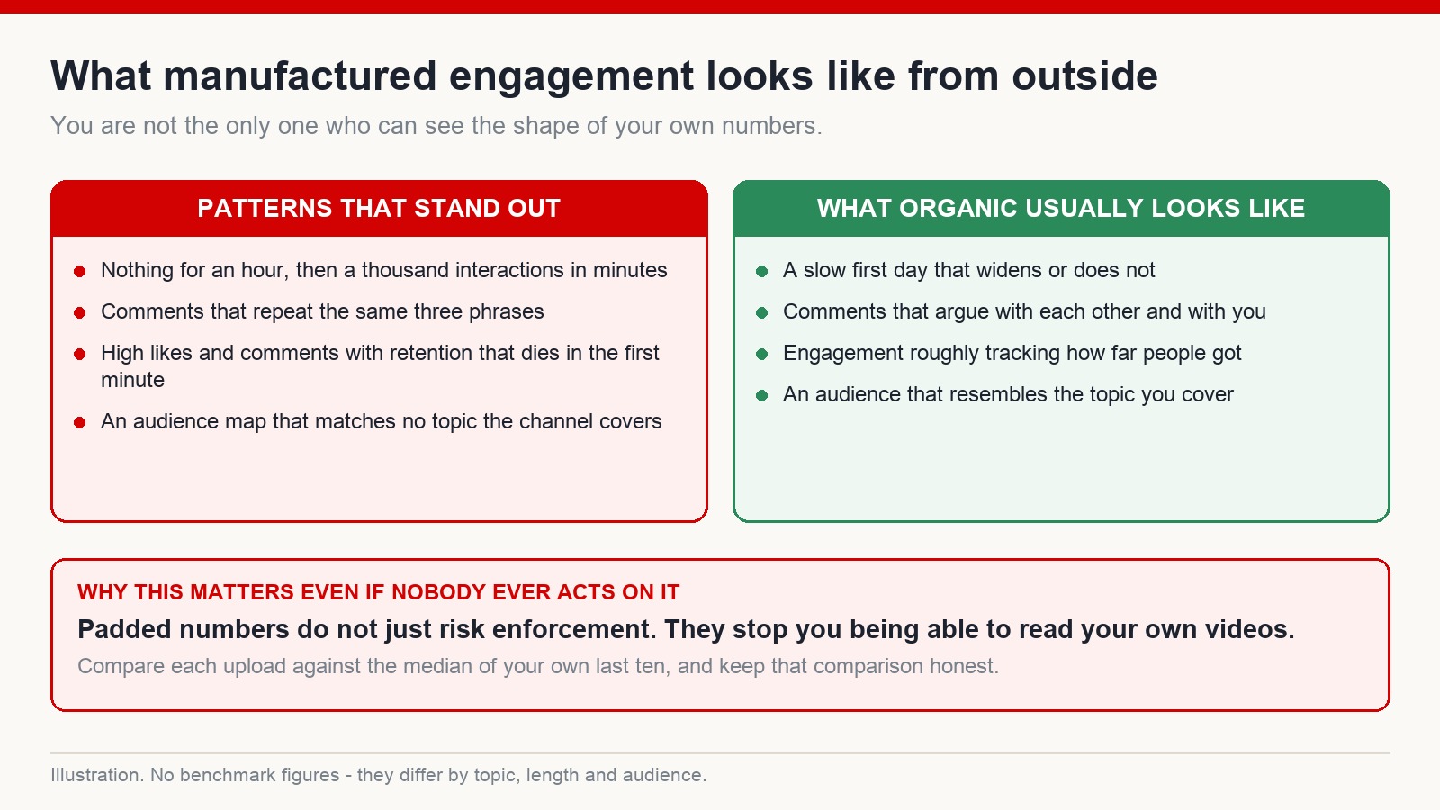 Two columns contrasting the shape of manufactured engagement with what organic engagement usually looks like