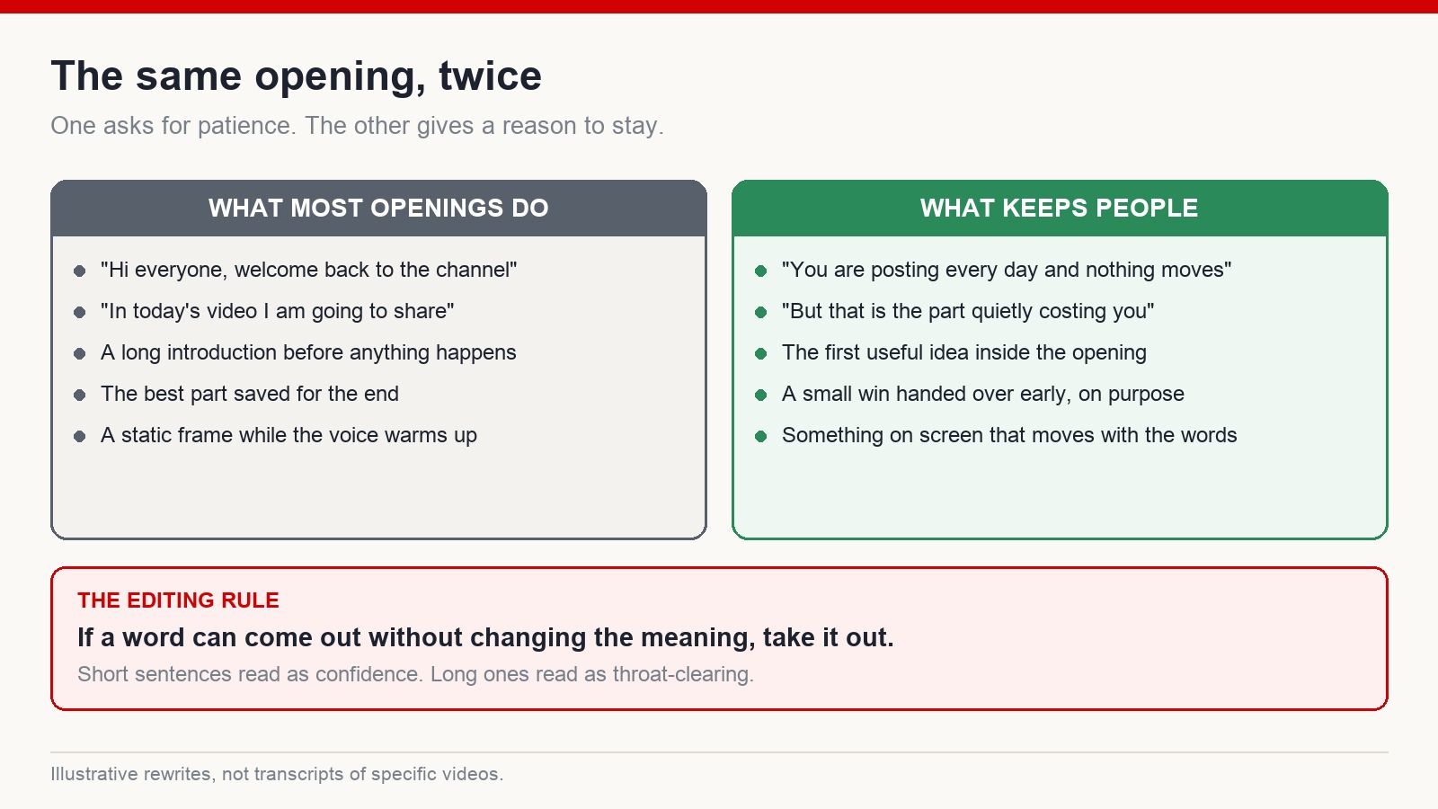 Two columns comparing typical video openings that ask for patience against openings that give a reason to stay