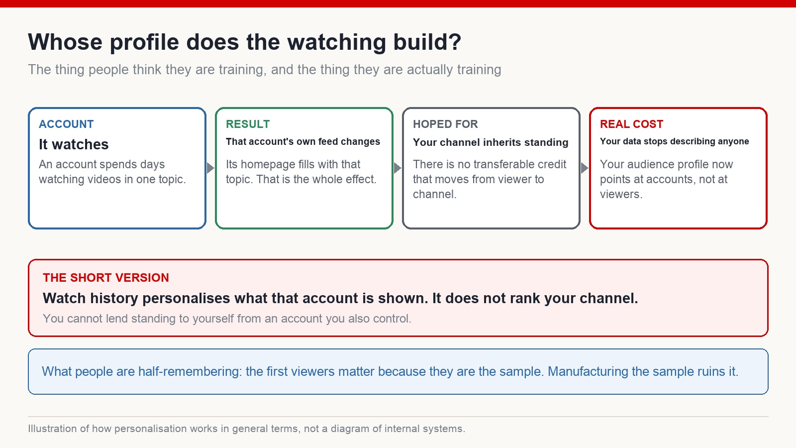 Diagram showing that an account's watch history personalises that account's own feed rather than granting standing to a channel