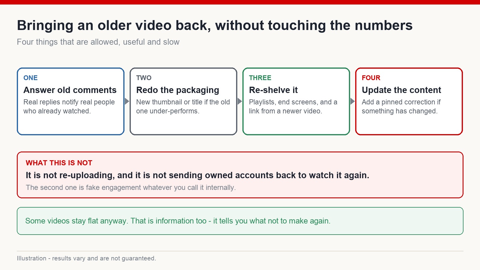 Four legitimate ways to bring an older video back: answering old comments, redoing the packaging, re-shelving it and updating the content