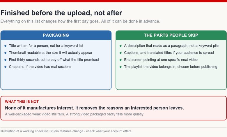 Two columns listing packaging work and the setup steps most creators skip before publishing a video