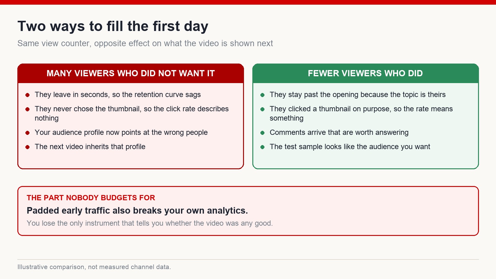 Comparison of two ways to fill a video's first day: many uninterested viewers versus fewer viewers who genuinely wanted the topic