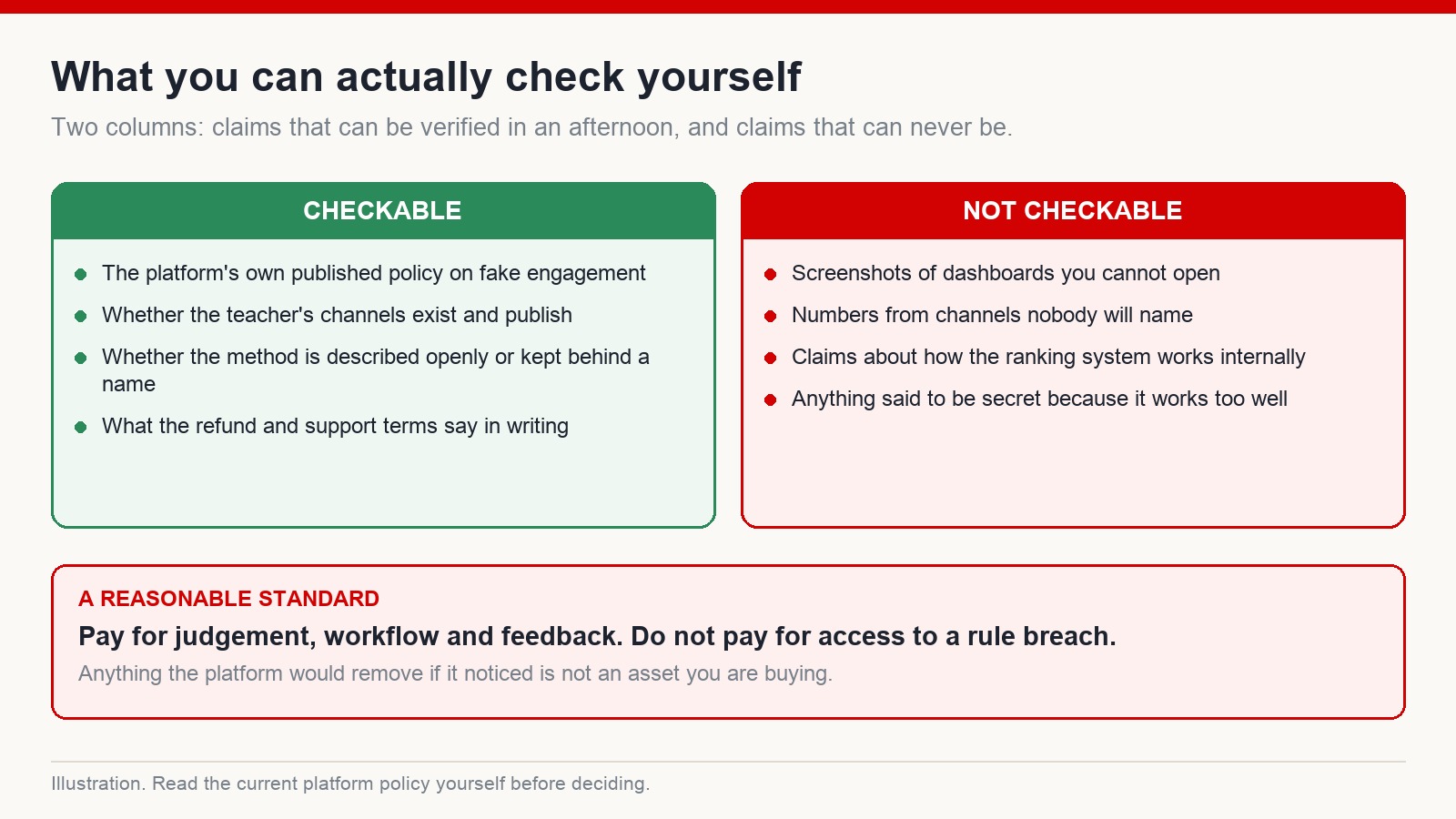 Two columns separating claims about a growth offer that can be verified from claims that can never be checked