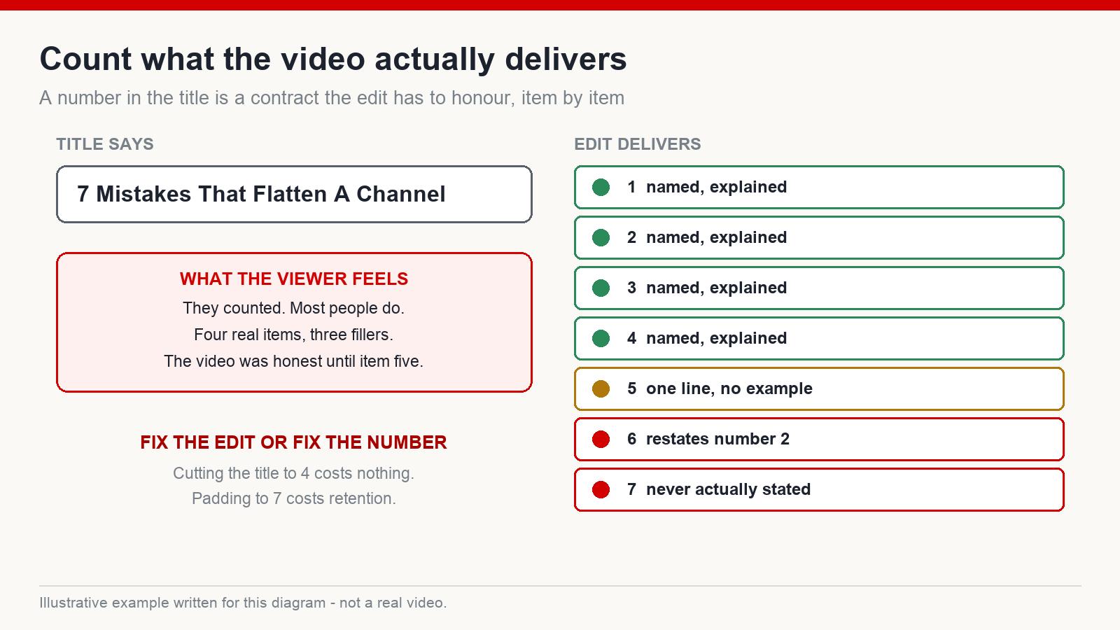 Audit of a video promising seven items where only four are properly delivered and three are filler