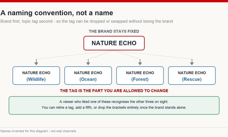 Diagram of a fixed brand name with four interchangeable topic tags in brackets forming a family of channels