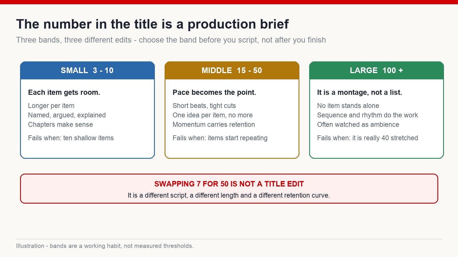 Three bands of title numbers and the different edit each one commits a video to