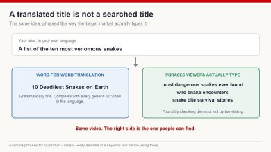 Diagram contrasting a word-for-word translated YouTube title with the phrases viewers actually type