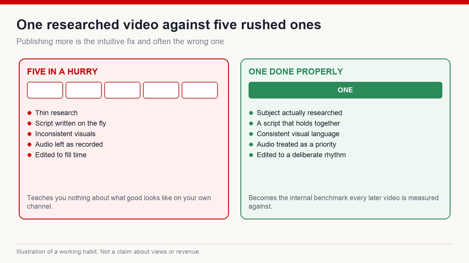 A comparison of one carefully produced video against five rushed videos, showing what each teaches the creator about their own channel