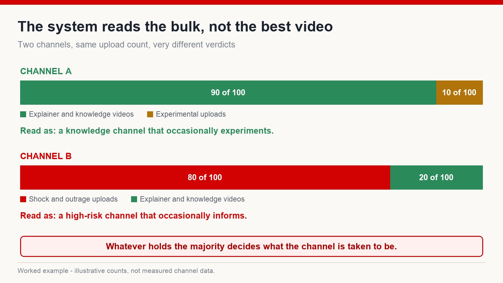 Two channels with the same upload count but different content mixes, illustrating how the majority of uploads defines what a channel is taken to be