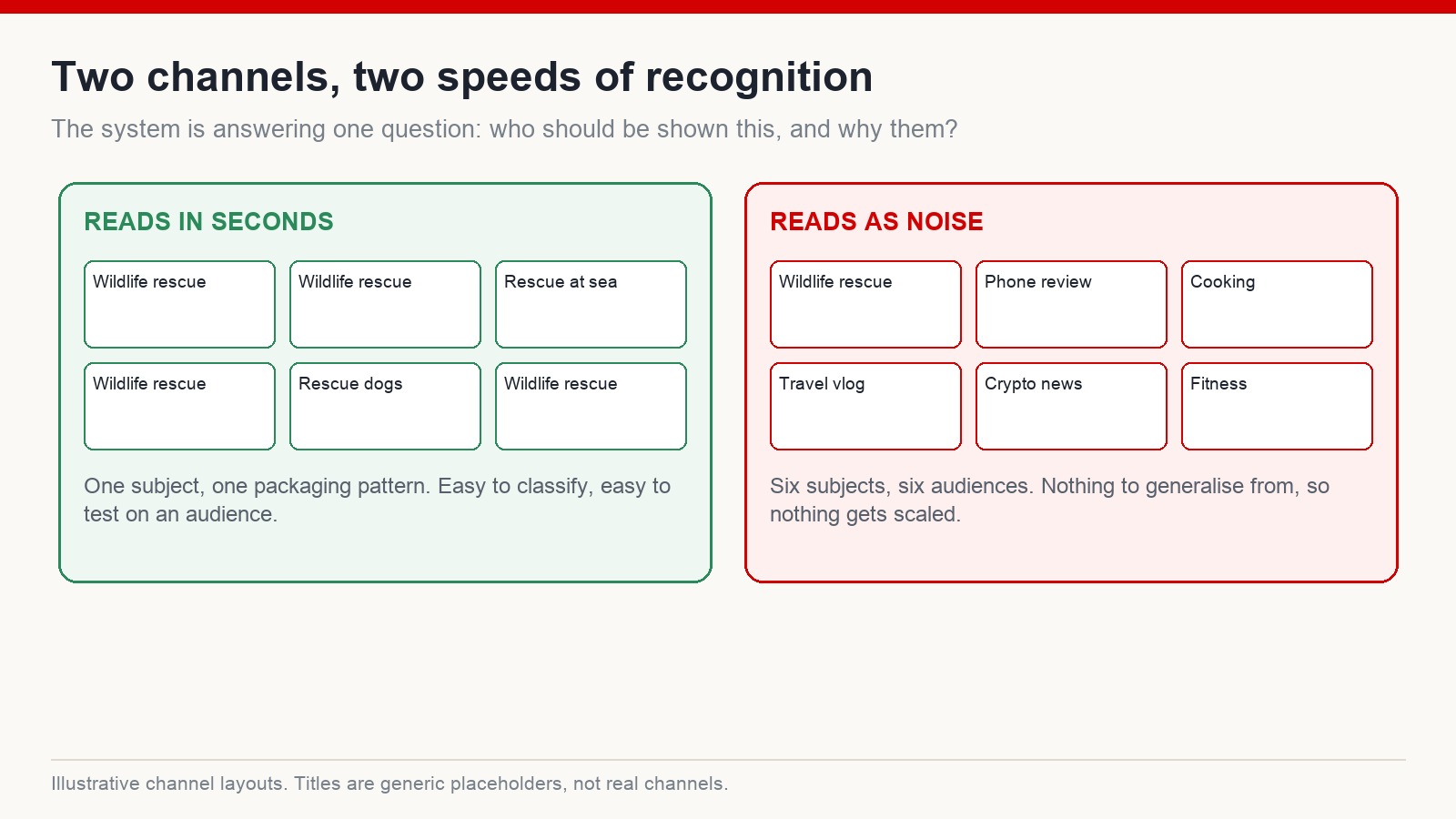 Two channel layouts compared: one with a consistent topic and packaging pattern, one with scattered topics, showing how quickly each can be classified