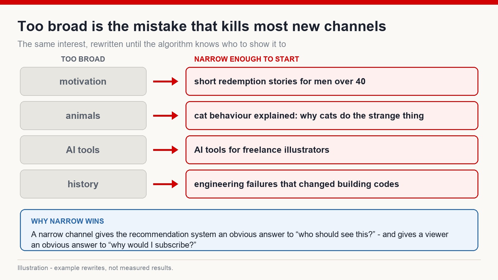 Four examples of broad topics rewritten as narrow starting niches, showing how a general interest becomes something the recommendation system can place
