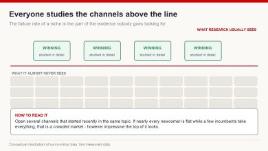 Survivorship bias in niche research shown as visible winning channels above the line and a much larger set of flat new channels below it