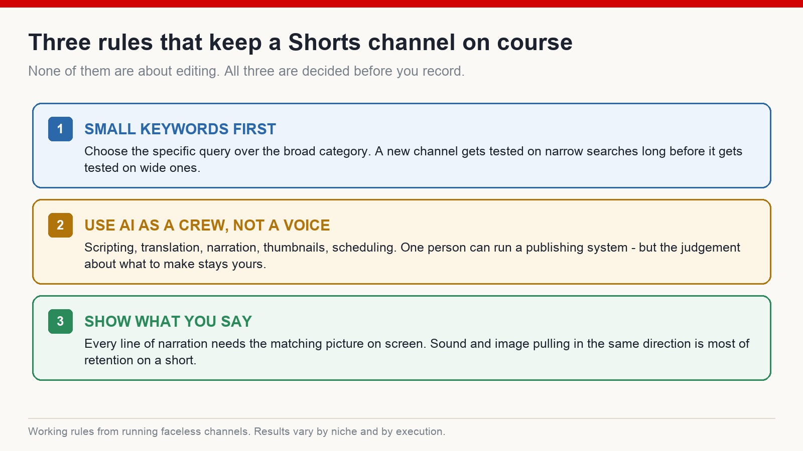 Three numbered rules for running a faceless Shorts channel: small keywords first, AI as a crew, and matching picture to narration