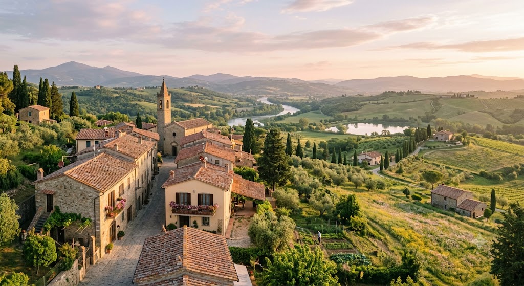 A rural European village and surrounding countryside, an example of the slow-living scenery format that needs no narration
