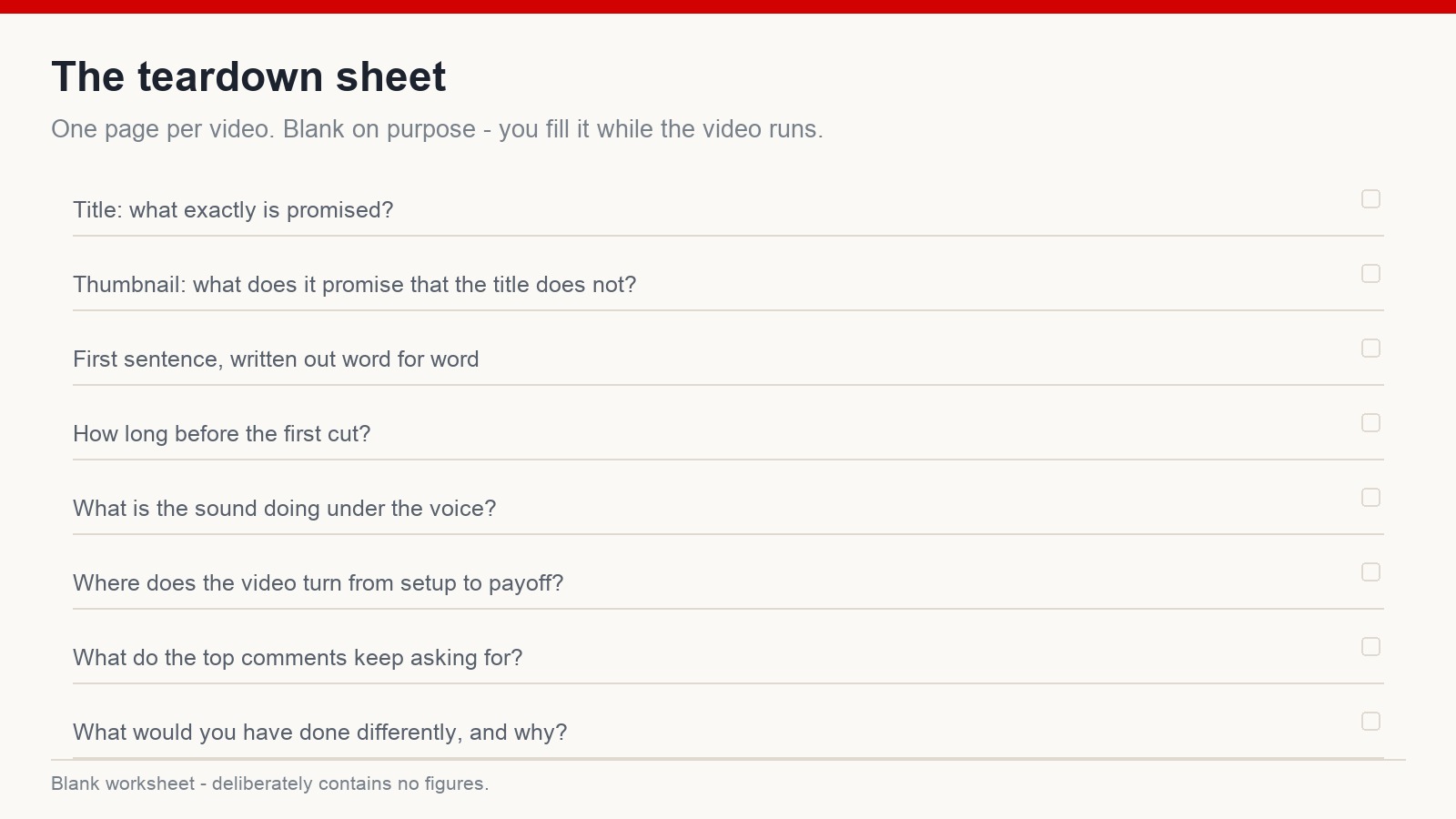 A blank teardown worksheet with fields for the title promise, thumbnail promise, first sentence, cut timing, sound, the turn, and what the top comments ask for