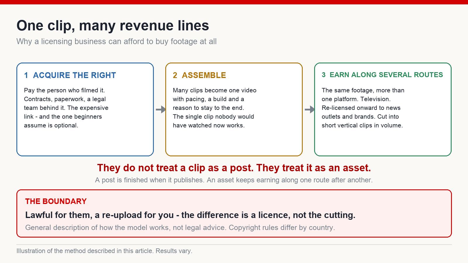 Three-link chain of a licensing-based compilation business: acquire rights to a clip, assemble clips into a compilation, then earn from the same clip across several distribution and re-licensing routes