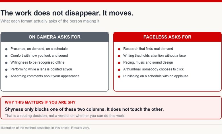 Two-column comparison of what on-camera work demands versus what faceless work demands