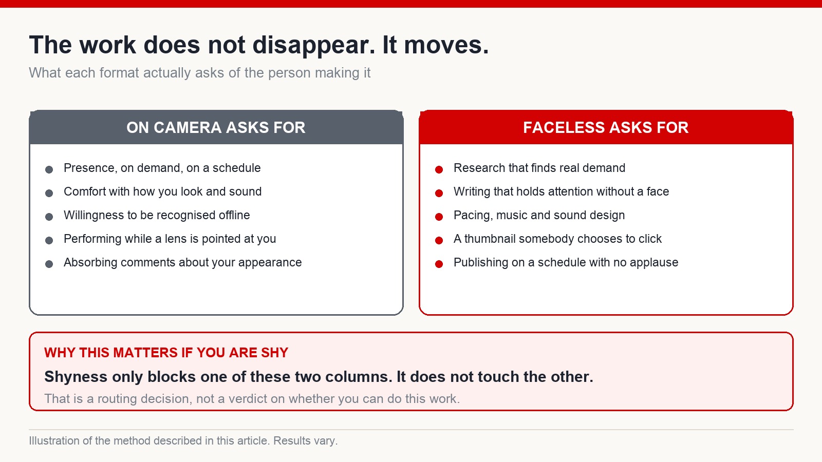 Two-column comparison of what on-camera work demands versus what faceless work demands