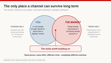 Venn diagram of what you can sustain and what the market already wants, with the failure zones on either side labelled