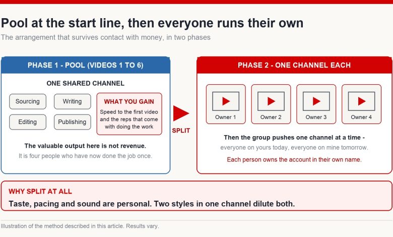 Two-phase diagram: four people share one channel for the first videos, then each person runs their own channel with the group supporting one at a time