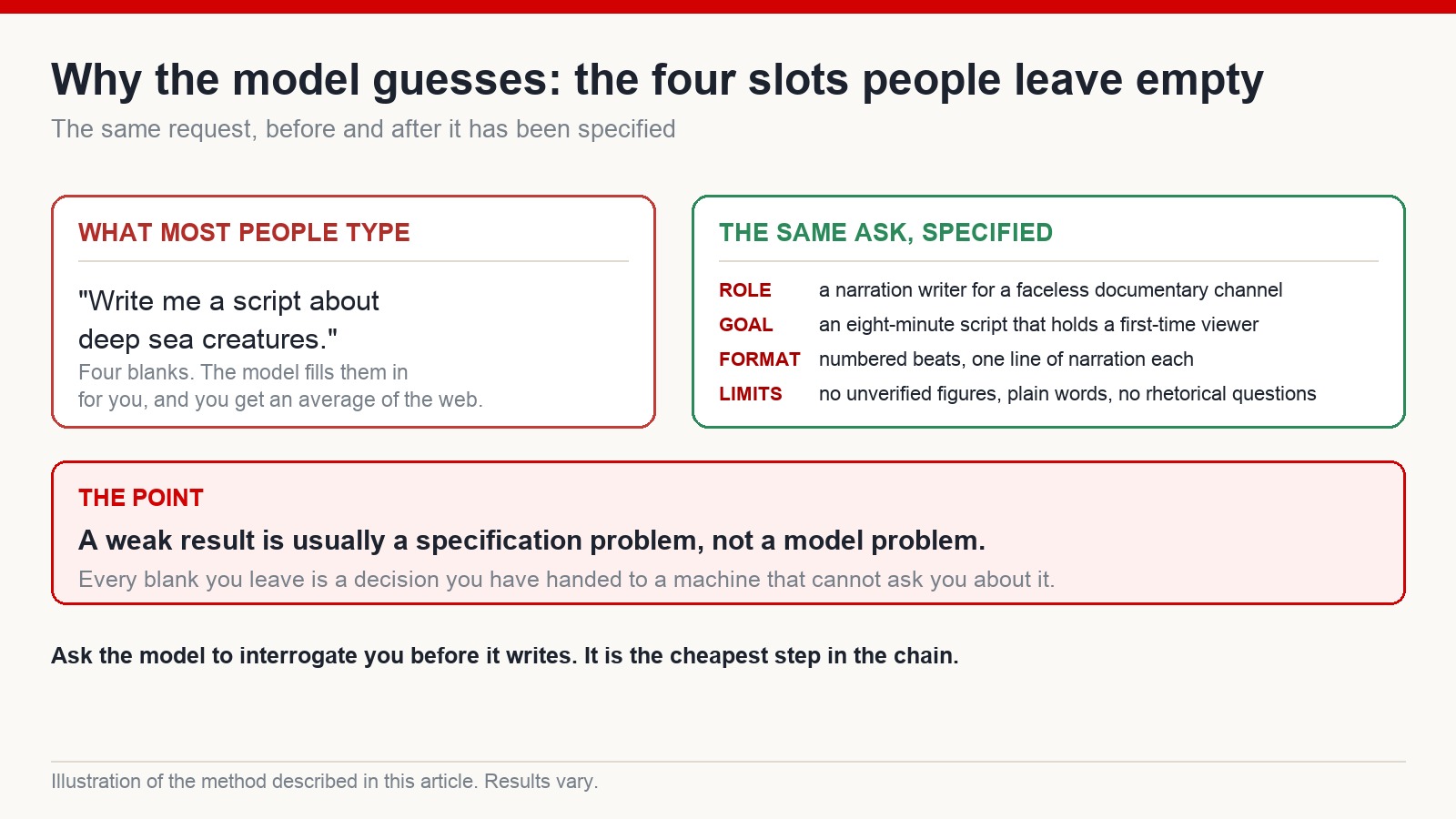 Comparison of a vague one-line prompt against the same request specified with role, goal, format and limits