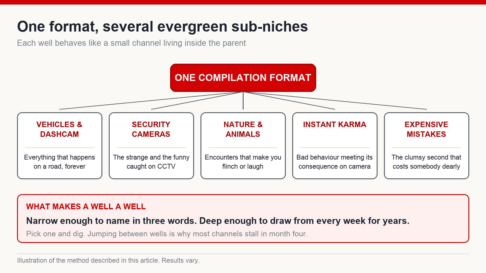 Diagram of one compilation format split into several evergreen sub-niches, each one a separate well of material