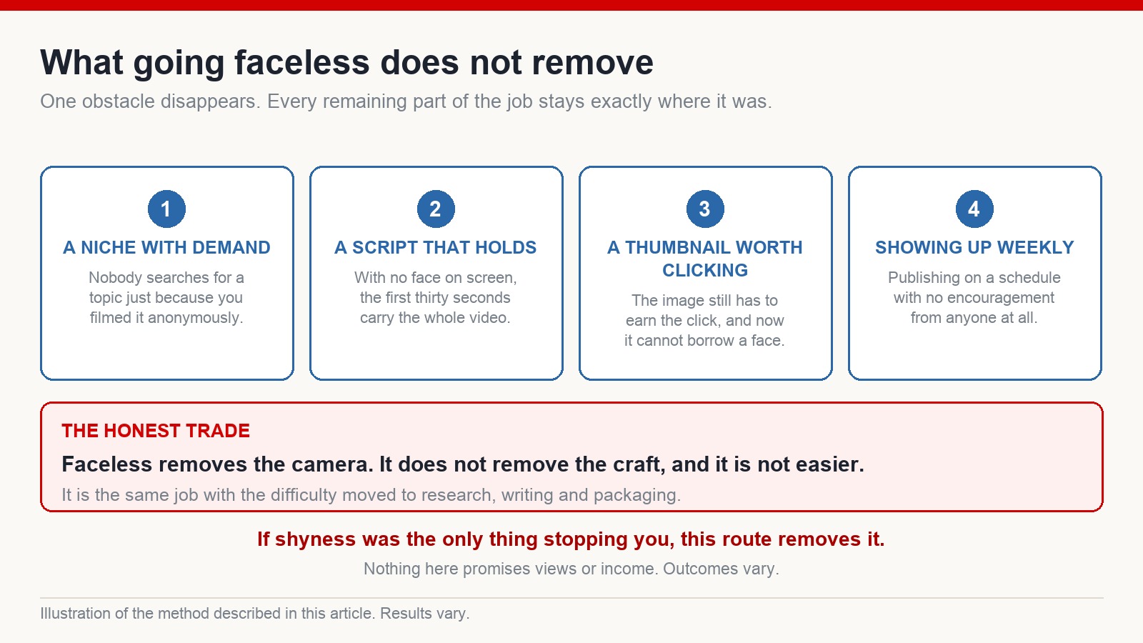 Four cards showing what faceless work still requires: a niche with demand, a script that holds, a clickable thumbnail and a regular publishing schedule