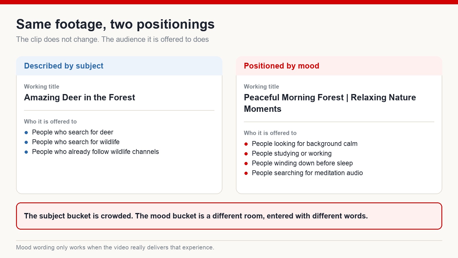 The same forest footage described by subject versus positioned by mood, and the different audiences each wording reaches